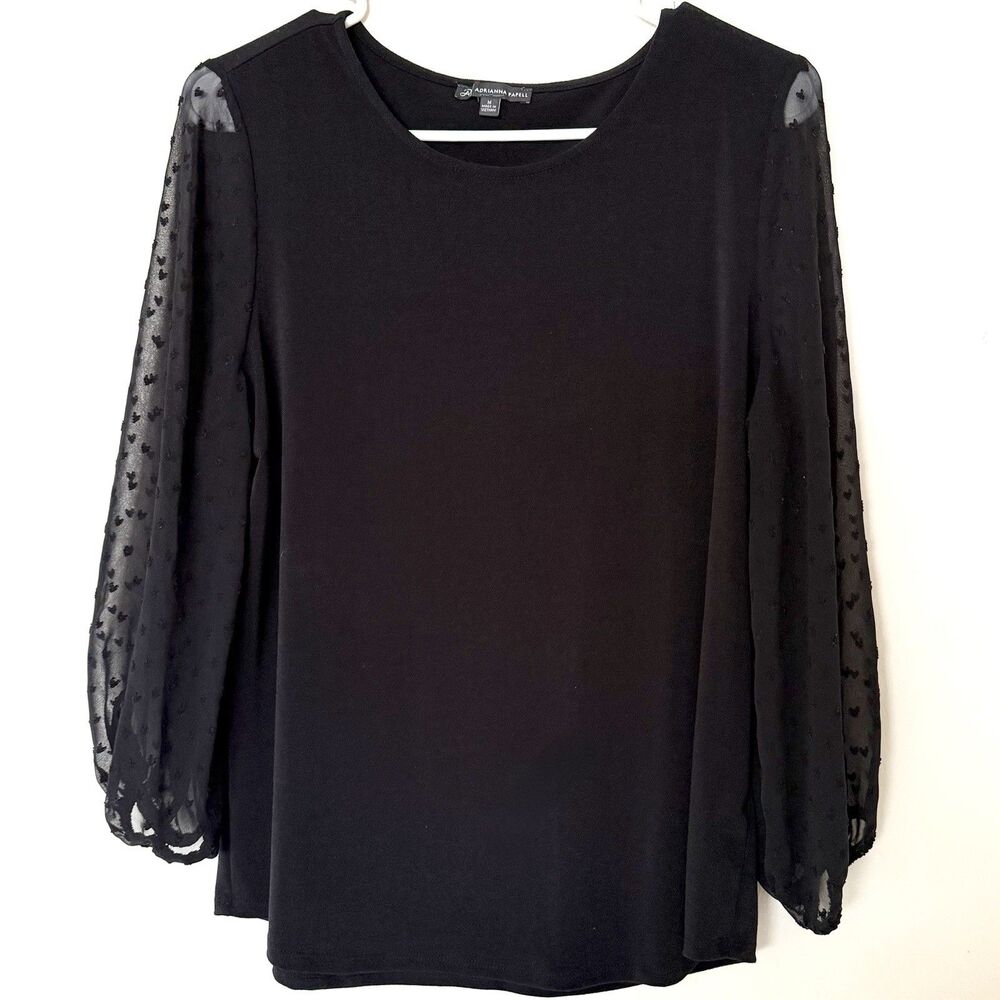 Adrianna Papell crew neck 3/4 sleeve clip dot chiffon sleeve Black (M)